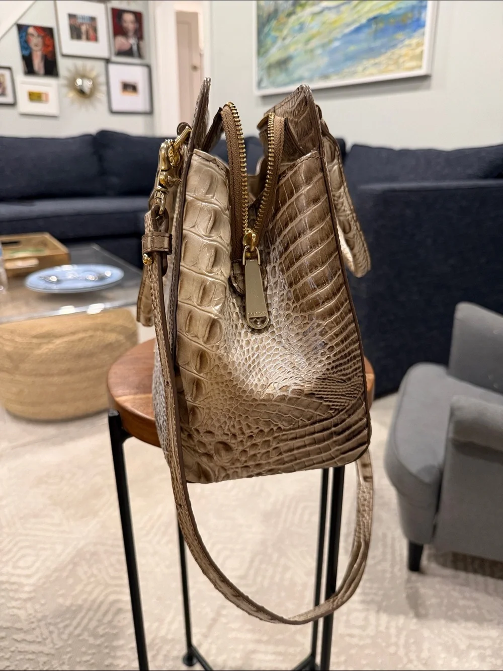 Brahmin Taupe Croc-Embossed Leather Satchel with Detachable Strap